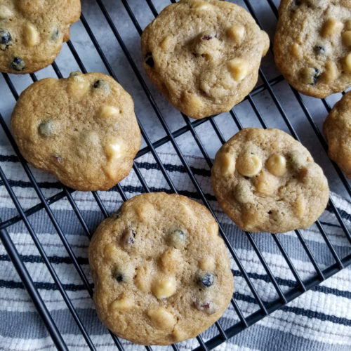 Cherry and Blueberry White Chocolate Chip Cookies - cookies on baking rack