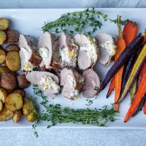 Pork Tenderloin Stuffed with Goat Cheese, Leeks and Prosciutto