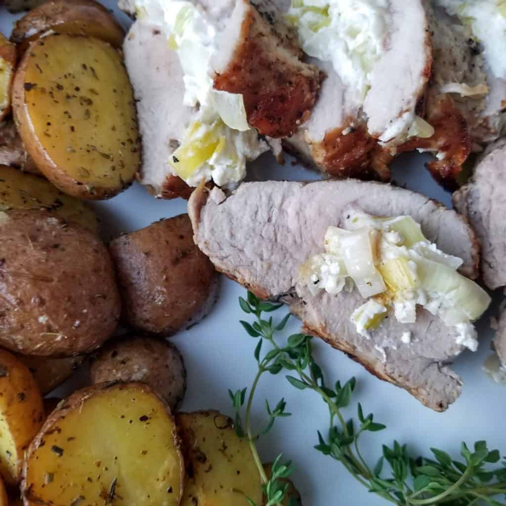 Pork Tenderloin Stuffed with Goat Cheese, Leeks and Prosciutto
