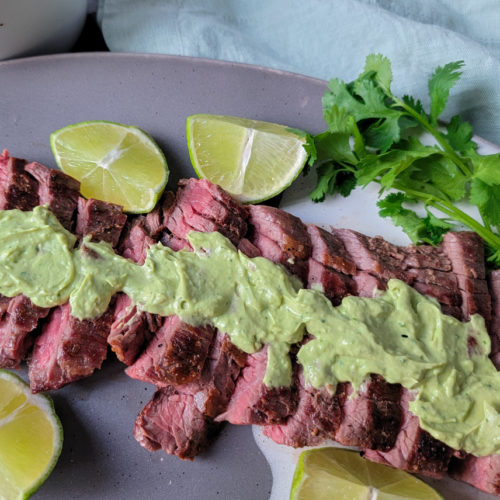 Grilled Skirt Steak with Avocado Lime Crema