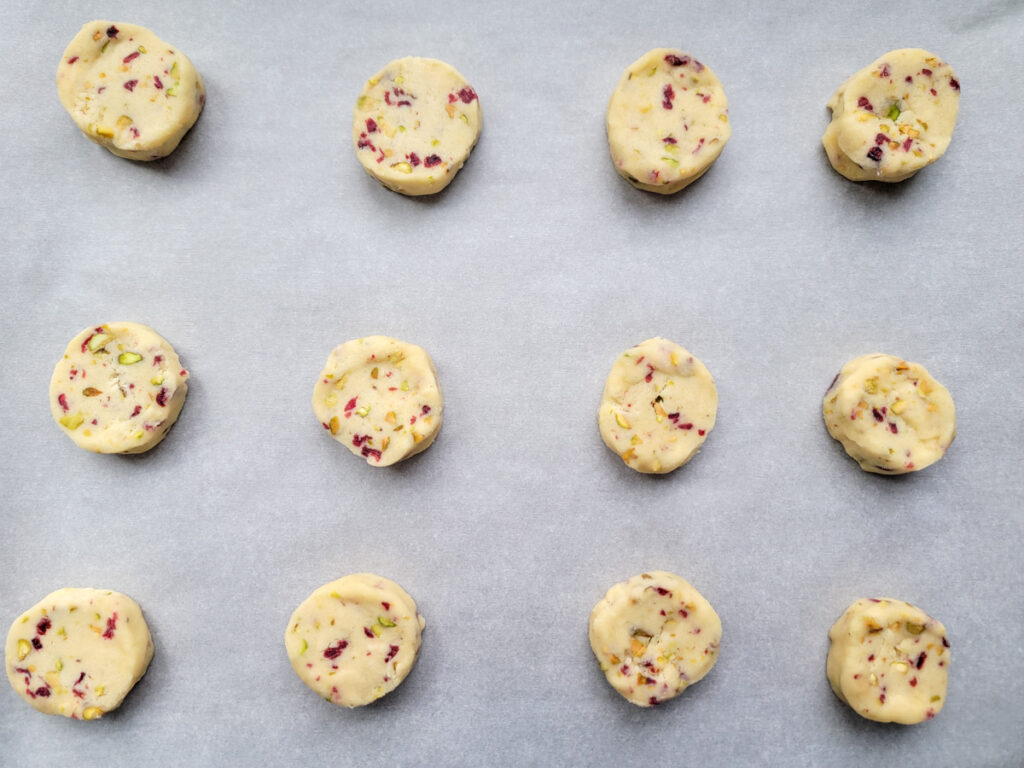 Cranberry Pistachio Shortbread Cookies - cookie dough on baking sheet