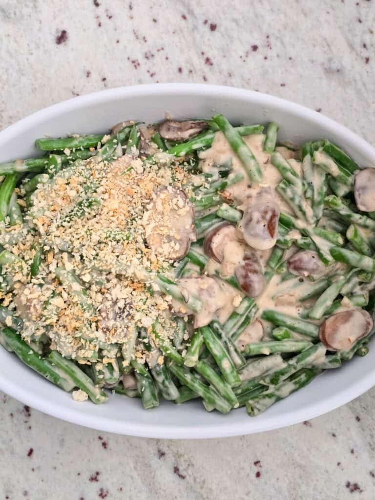 Green Bean Casserole with Crispy Shallots preparation